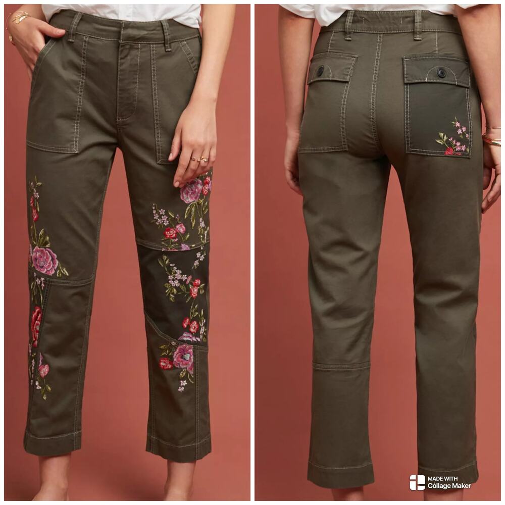 Anthropologie Floral Embroidered Utility Pants Size 30 Olive Green Cotton Linen - Picture 2 of 16